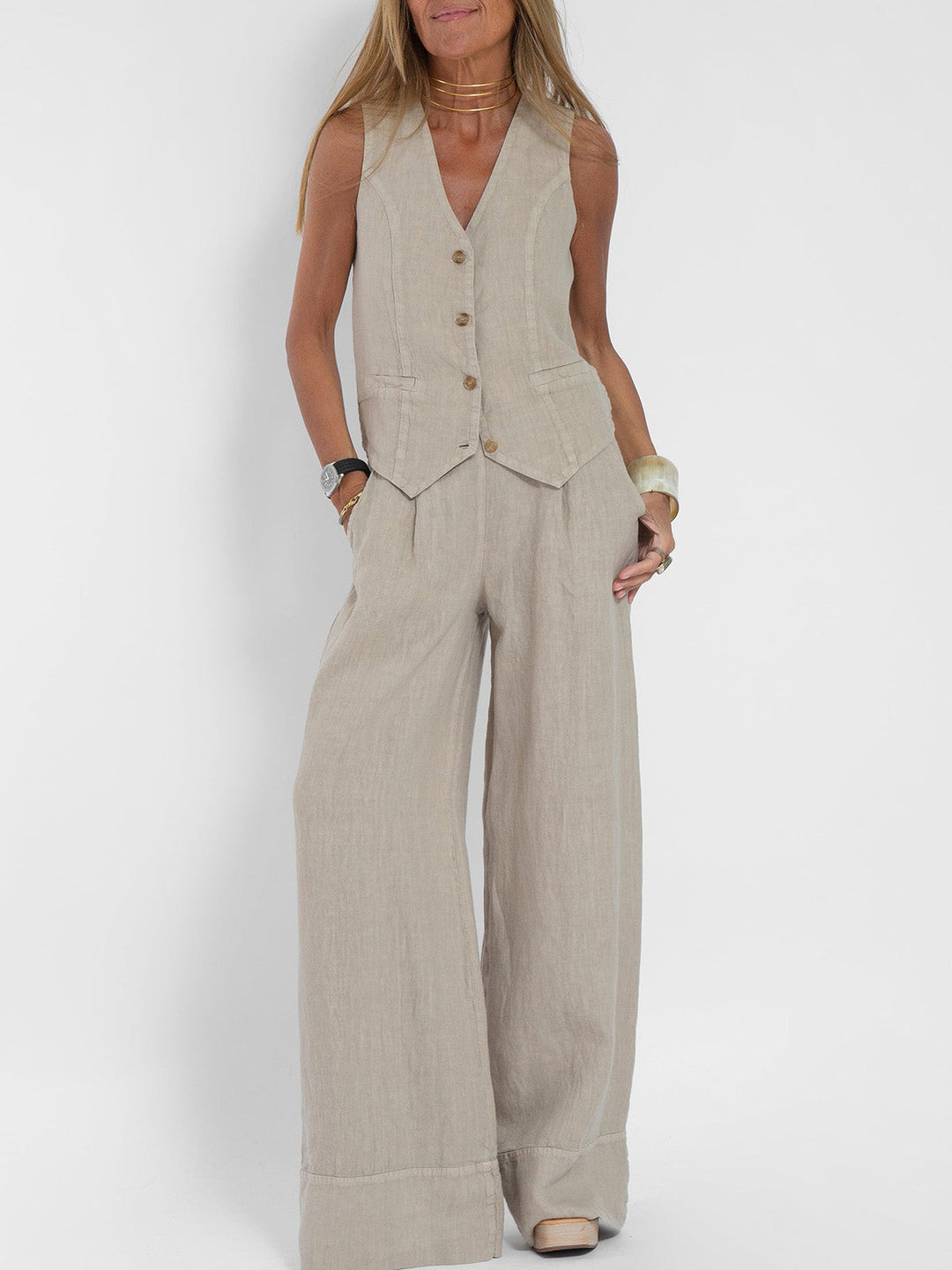 Mai | Buttoned Vest & Wide-Leg Trousers Set