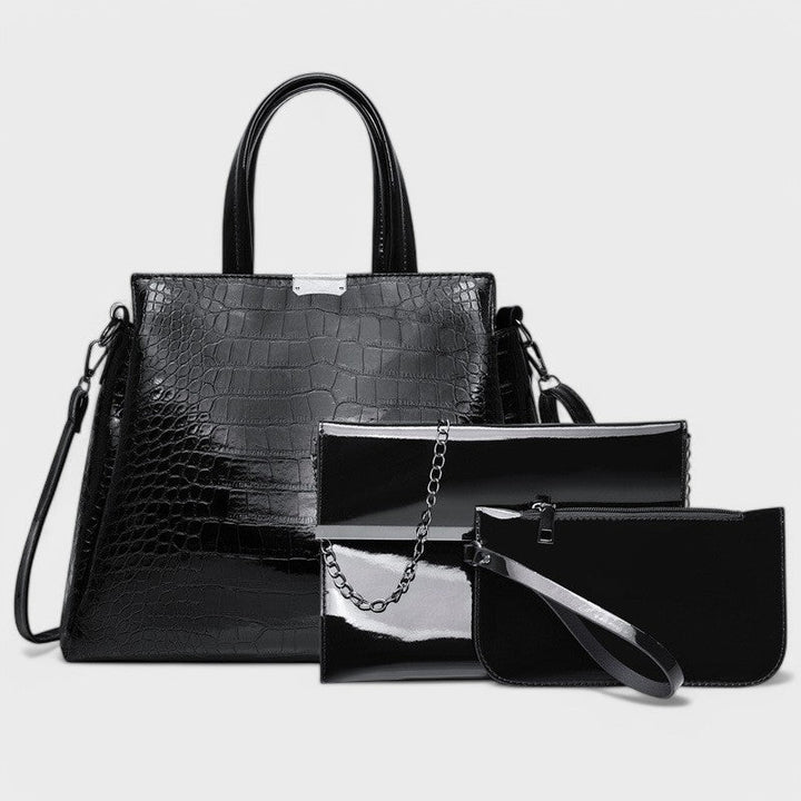 Elegant 3-Piece Black Crocodile Bag Set