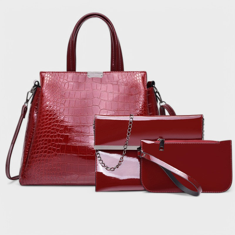 Elegant 3-Piece Black Crocodile Bag Set