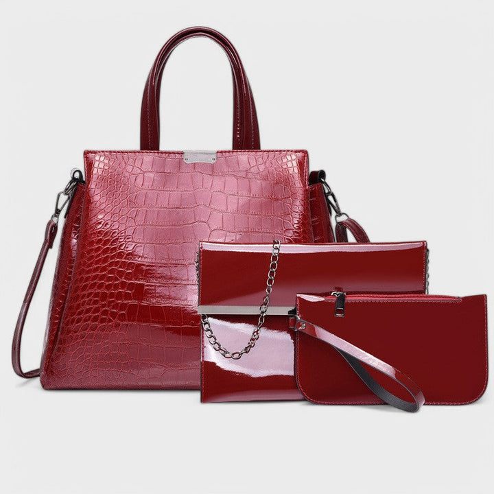 Elegant 3-Piece Black Crocodile Bag Set