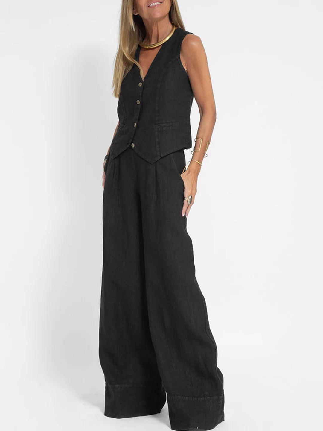 Mai | Buttoned Vest & Wide-Leg Trousers Set