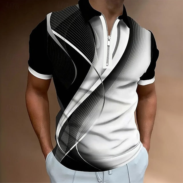 Geometric Line Zip Polo