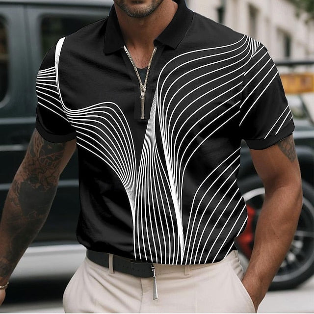 Geometric Line Zip Polo