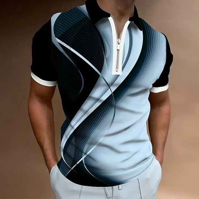 Geometric Line Zip Polo