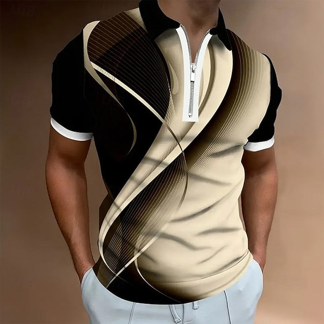 Geometric Line Zip Polo